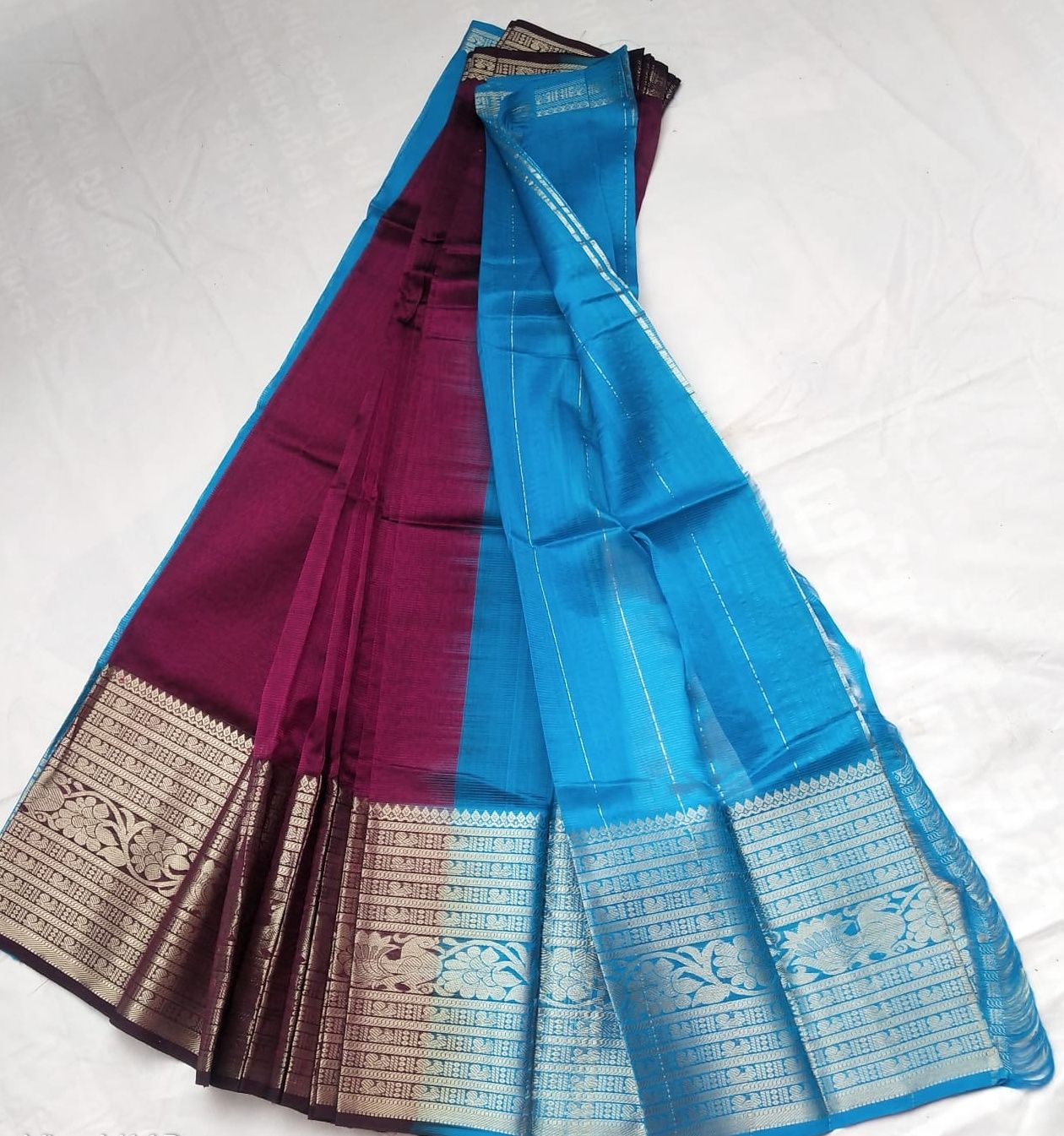  Blue and maroon color traditional south indian silk saree with zari border