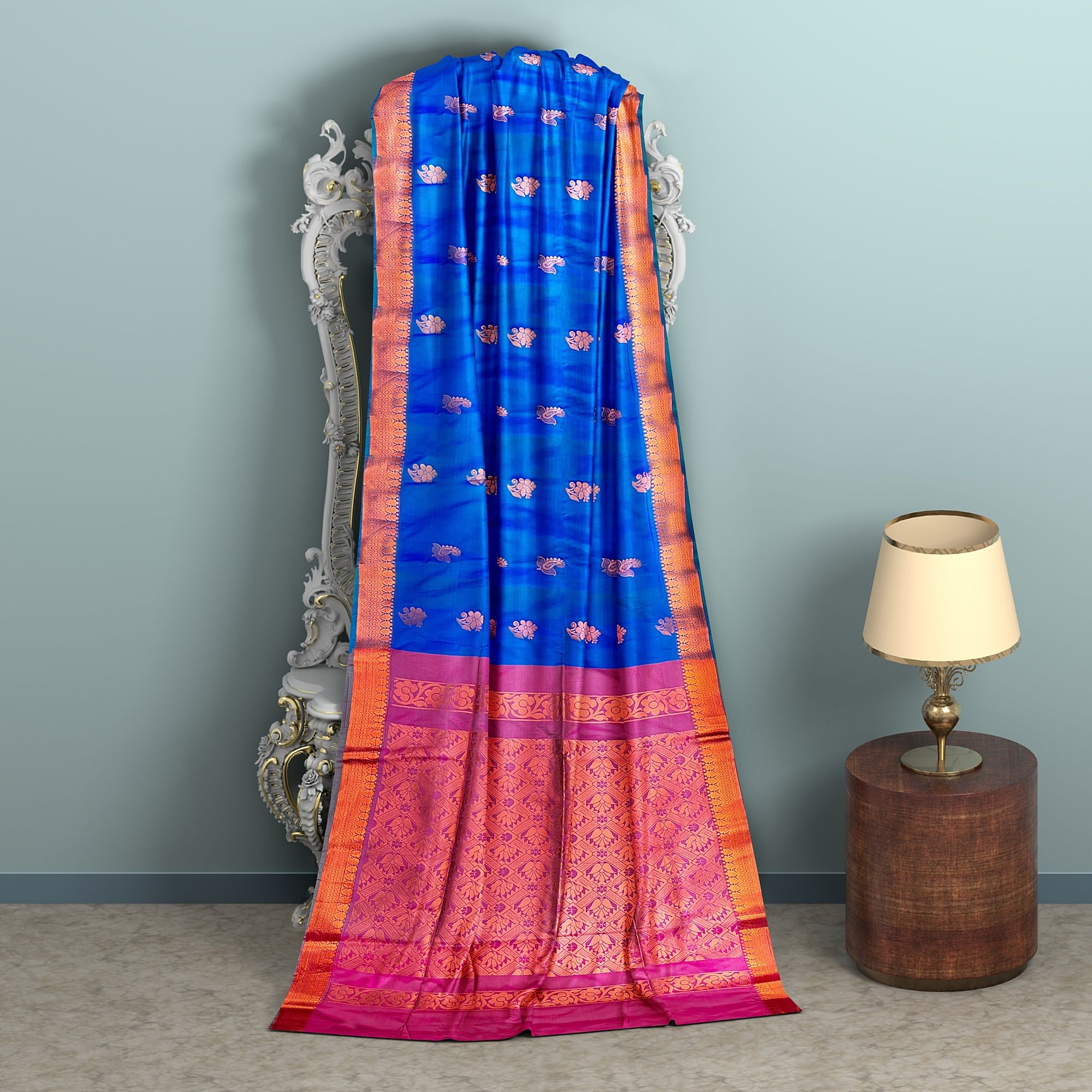 Blue with pink semi Silk Saree With Zari Work And Blouse Piece