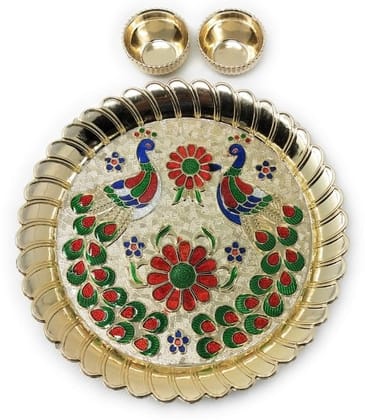 GardenBliss Handcrafted Gold Plated Traditional Meenakari Colourful Golden Peacock Thali with kankavati | Decorative Puja Thali | Diwali Puja Thali | Pooja Thali | Aarti |