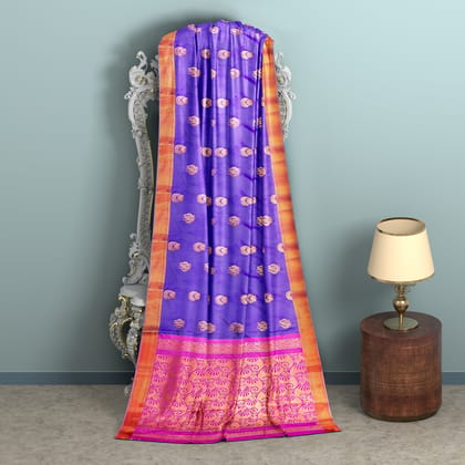 burple With Golden And Pink pallu has butta designed saree