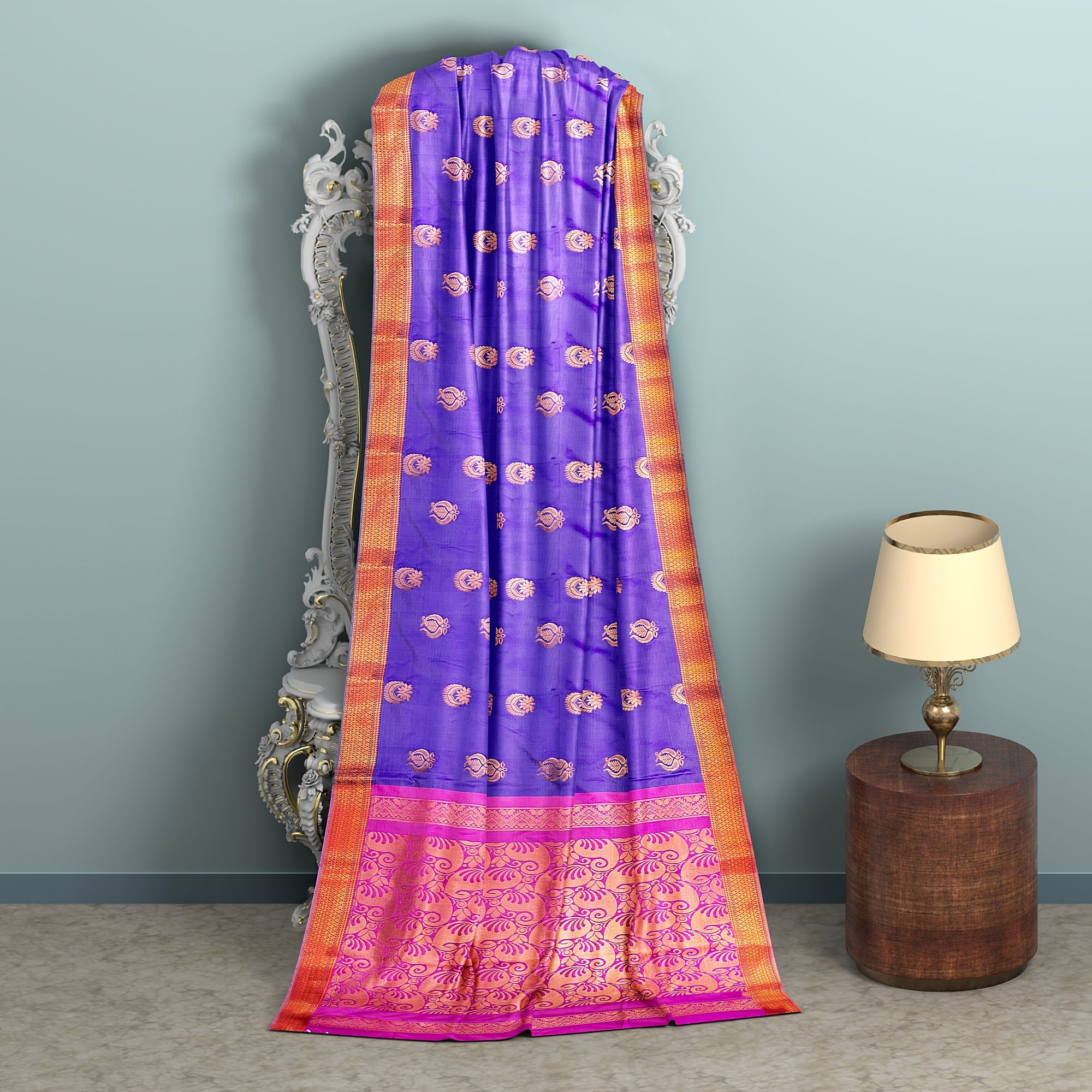 burple With Golden And Pink pallu has butta designed saree