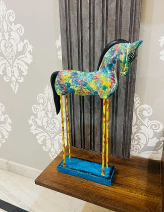 Handcrafted Antique Wooden handpainted Horse on Iron Stand | Home Decor