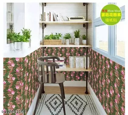 Indian Royals 3D Brown brick with pink flowers and leaves Wallpaper - Self-adhesive and waterproof wallpaper