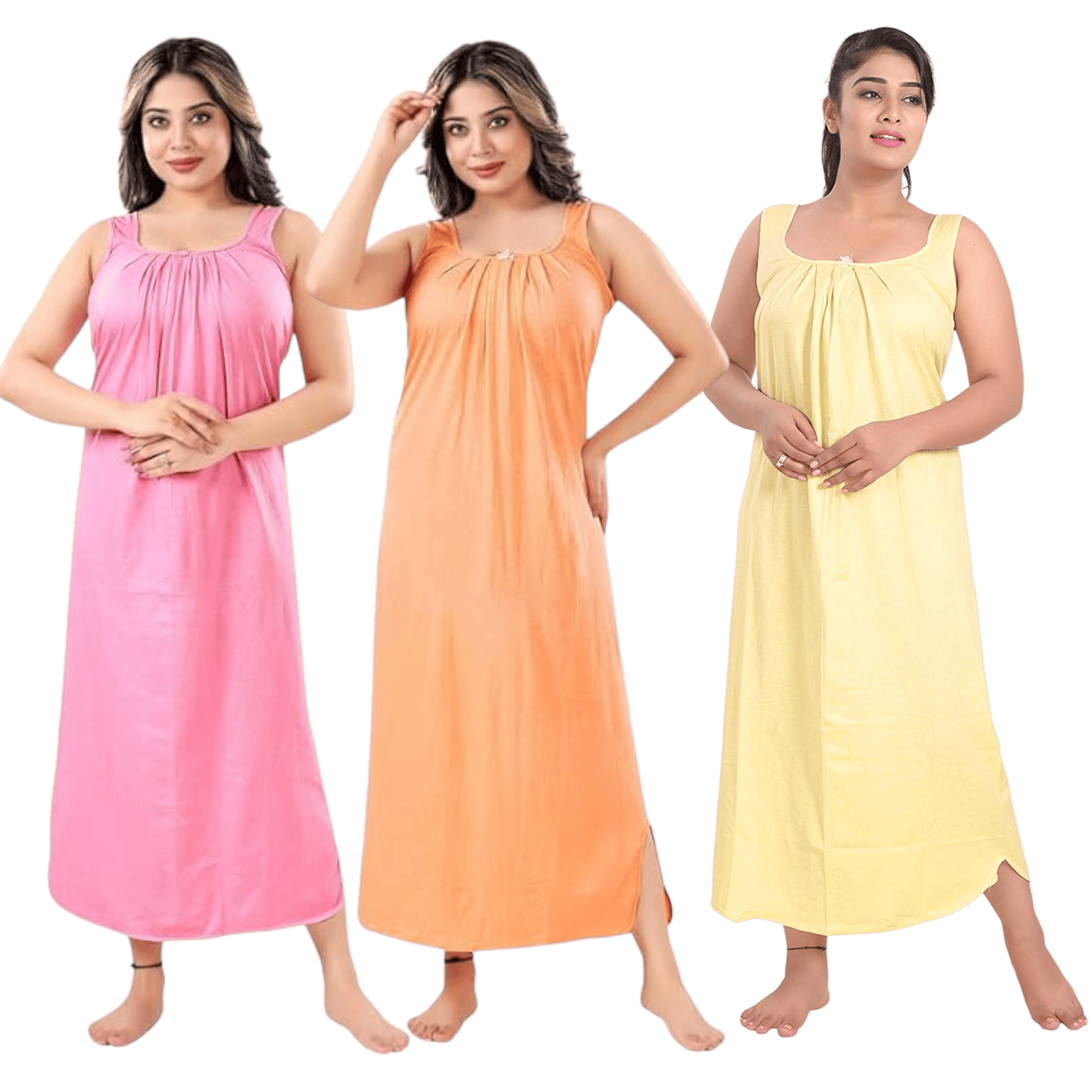 Satyam Nighties Women's Hosiery Embellished Maxi Nighty Slip (Pink, Yellow and Peach, Standard) -Pack of 3