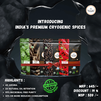 Premium Cryogenic Black Pepper, Coriander, Cumin & Red Chilli | 400g Pack of 4 | Fresh, Natural & Aromatic Spices for Daily Cooking