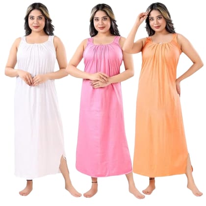 Satyam Nighties Women's Pure Cotton Hosiery, Floor Length, Slip Solid Sleeveless Nighty Combo (White, Pink, Peach, Free Size)