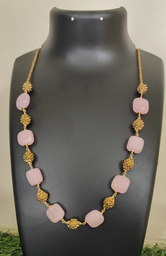  Delicate Pink Beaded Necklace with Gold Accents