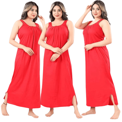 Satyam Nighties Women's Pure Hosiery Cotton Sleeveless Ankle Length Nighty (Red, Free Size) Combo - Set of 3