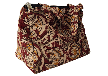 Handmade Kalamkari Hand bag with zipper closure and double handles (5" X 7")