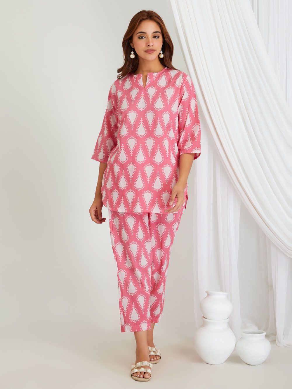 BREATHABLES Women Cotton Printed Loungewear Kurta and Pants Co-ord Set 3/4 Sleeve Round Neck Comfort Loose Fit Pink I Night Wear | Co-ord set | Lounge Wear Set