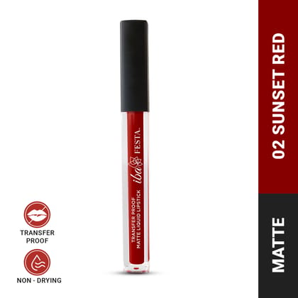 Iba Festa Transfer-Proof Matte Liquid Lipstick Shade - 02 Sunset Red, 5ml | Non-Sticky and Non-Drying | Highly Pigmented, Long Lasting | Halal Certified & Vegan Makeup