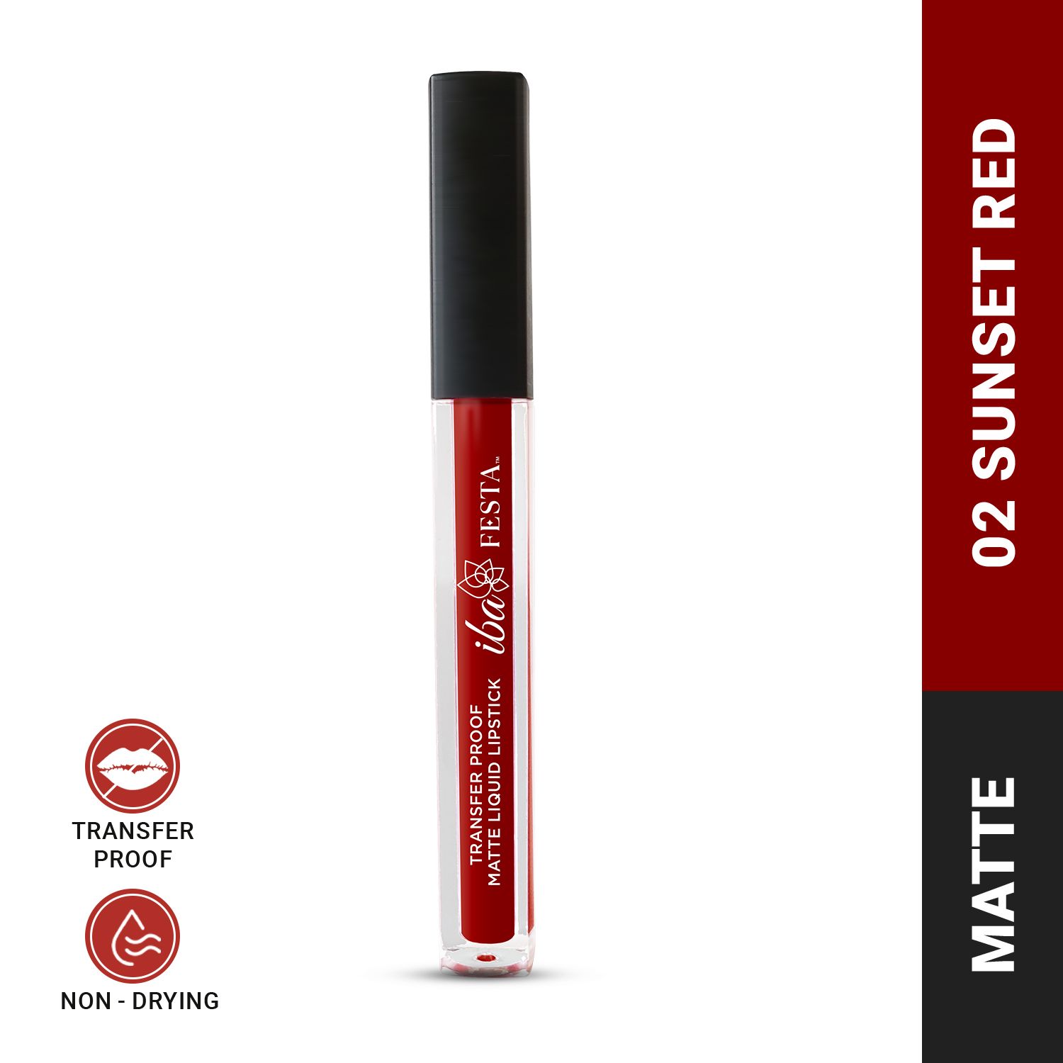 Iba Festa Transfer-Proof Matte Liquid Lipstick Shade - 02 Sunset Red, 5ml | Non-Sticky and Non-Drying | Highly Pigmented, Long Lasting | Halal Certified & Vegan Makeup