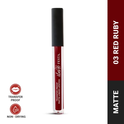 Iba Festa Transfer-Proof Matte Liquid Lipstick Shade - 03 Red Ruby, 5ml | Non-Sticky and Non-Drying | Highly Pigmented, Long Lasting | Halal Certified & Vegan Makeup