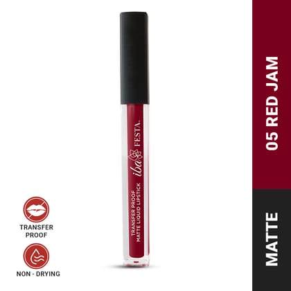 Iba Festa Transfer-Proof Matte Liquid Lipstick Shade - 05 Red Jam, 5ml | Non-Sticky and Non-Drying | Highly Pigmented, Long Lasting | Halal Certified & Vegan Makeup