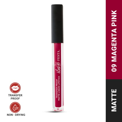 Iba Festa Transfer-Proof Matte Liquid Lipstick Shade - 09 Magenta Pink, 5ml | Non-Sticky and Non-Drying | Highly Pigmented, Long Lasting | Halal Certified & Vegan Makeup