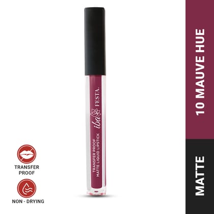 Iba Festa Transfer-Proof Matte Liquid Lipstick Shade - 10 Mauve Hue, 5ml | Non-Sticky and Non-Drying | Highly Pigmented, Long Lasting | Halal Certified & Vegan Makeup