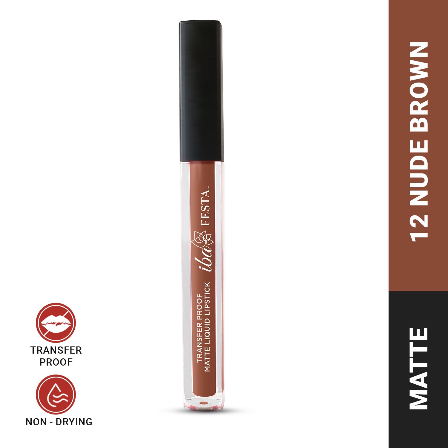 Iba Festa Transfer-Proof Matte Liquid Lipstick Shade - 12 Nude Brown, 5ml | Non-Sticky and Non-Drying | Highly Pigmented, Long Lasting | Halal Certified & Vegan Makeup