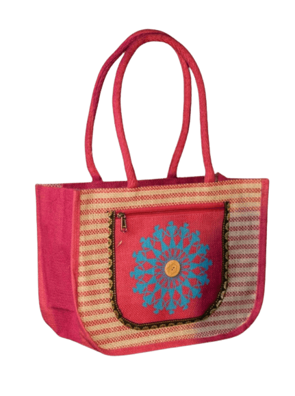 SS Eco-Life Eco-Friendly Jute Casual Ladies Handbag Bag for Women with Front Pocket with zip for Daily Office / Travel. Traditional Tribal Design Print.