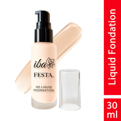 Iba Festa HD Liquid Foundation with Hyaluronic Acid - 01 Ivory, 30ml | Long Lasting with Full Coverage| Lightweight l Oil Free Dewy Finish | SPF 15 | 100% Natural | Halal Certified & Vegan Makeup