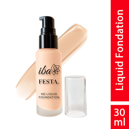 Iba Festa HD Liquid Foundation with Hyaluronic Acid - 02 Light Beige, 30ml | Long Lasting with Full Coverage| Lightweight l Oil Free Dewy Finish | SPF 15 | 100% Natural | Halal Certified & Vegan Makeup