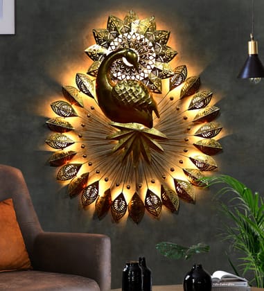 Handmade Decorative Metal Golden Peacock with LED Light for Living room Decoration 45 x 38 Inch