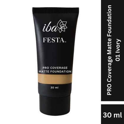 Iba Festa PRO Coverage Matte Foundation - 01 Ivory, 30ml | Long Lasting | Lightweight l Oil Free & Matte Finish | 100% Natural Vegan & Cruelty-Free