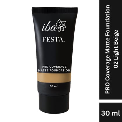 Iba Festa PRO Coverage Matte Foundation - 02 Light Beige, 30ml | Long Lasting | Lightweight l Oil Free & Matte Finish | 100% Natural Vegan & Cruelty-Free