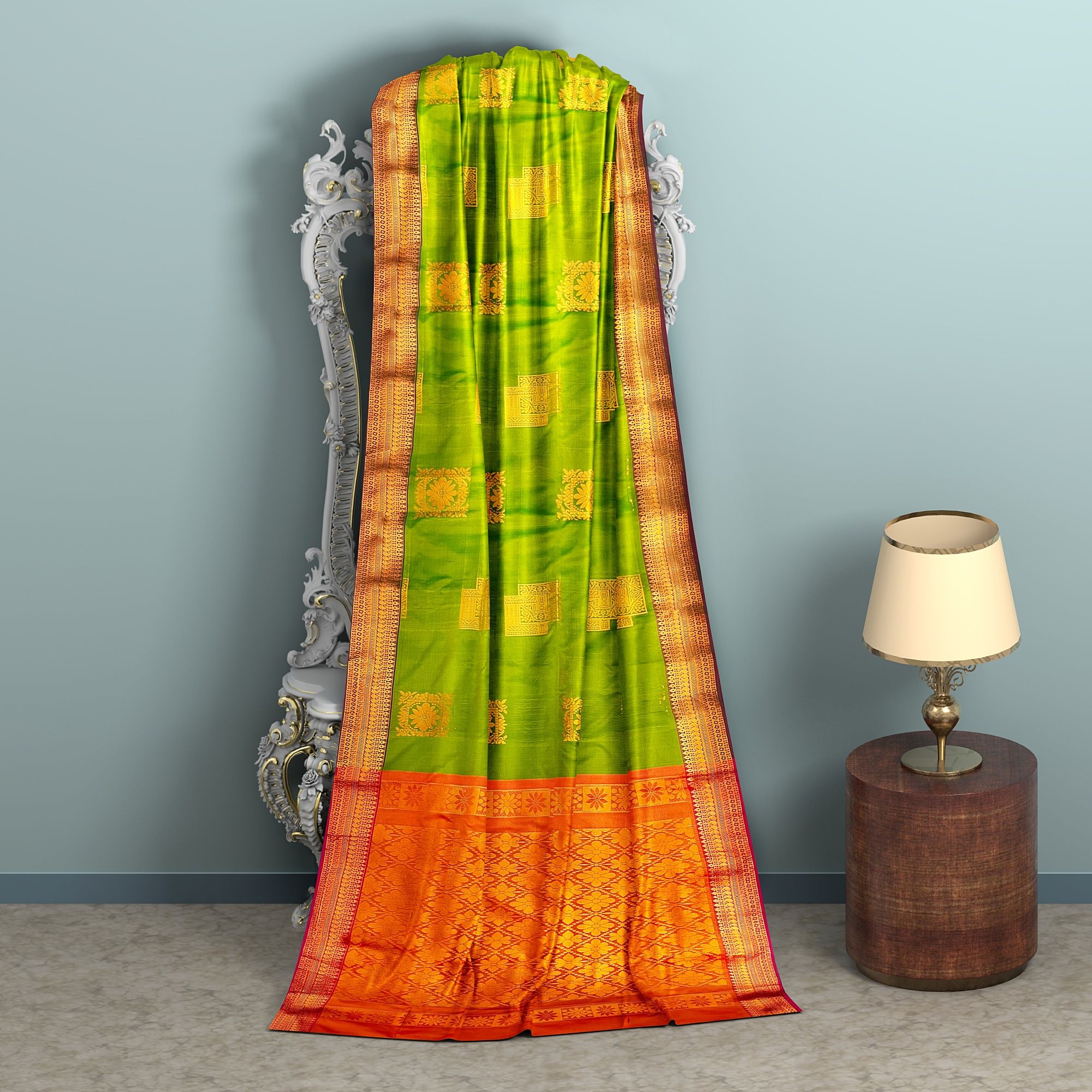 Green and Orange Kanjivaram soft Silk Saree