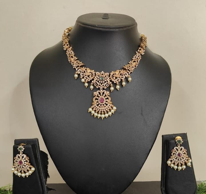  Stunning Antique Gold Plated AD Stone Necklace Set With Earrings For Women