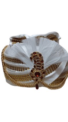  White Wedding Turban with Gold and Maroon Embellishment