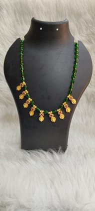  Gold Plated Traditional Indian Necklace Set with Green Beads and Lakshmi Coins