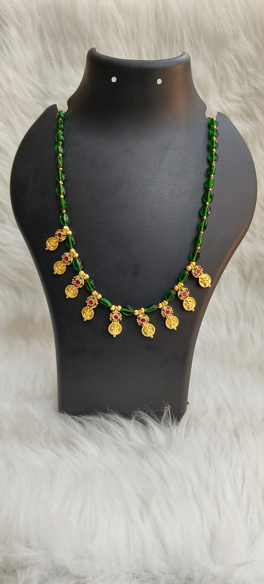  Gold Plated Traditional Indian Necklace Set with Green Beads and Lakshmi Coins