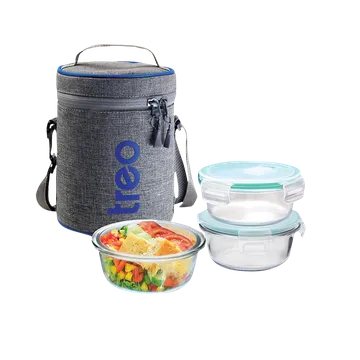 Treo All Fresh 400ml Glass Round Tiffin with Lid (Set of 3, BPA Free, Transparent)