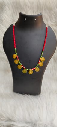  Red and Green Beaded Necklace with Gold Coin Pendants