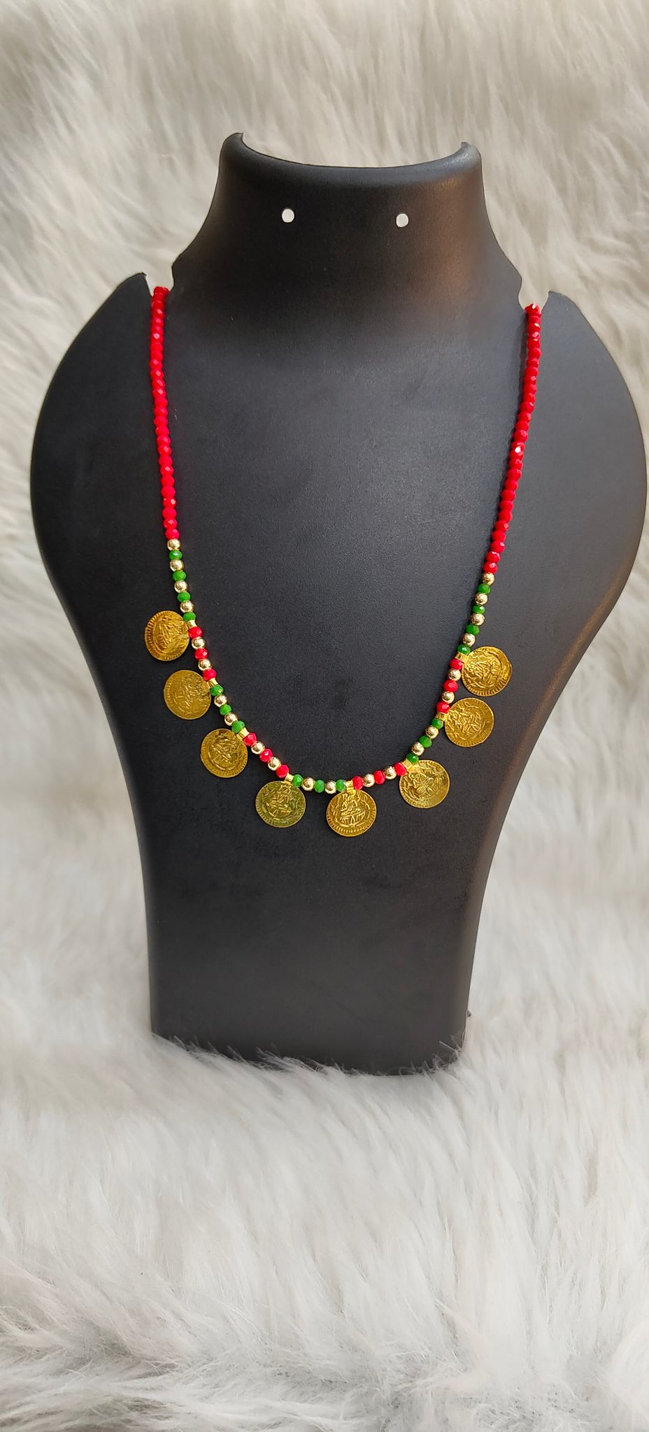  Red and Green Beaded Necklace with Gold Coin Pendants