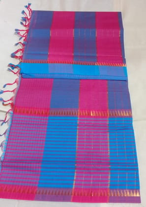 Double Petanchu Pink and Blue Mangalagiri Cotton Saree With Blouse Piece