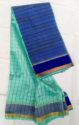 Green and Blue Mangalagiri Cotton Silk Saree With Blouse Piece