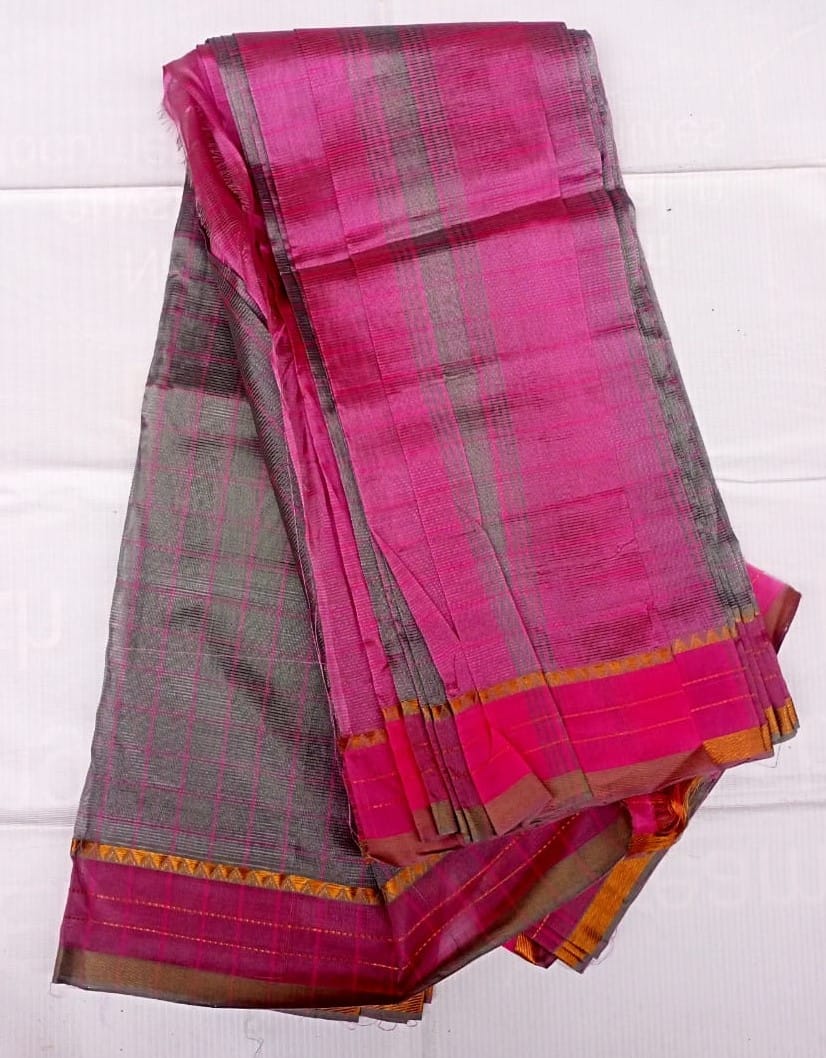  Pink and grey checked pattern semi silk saree with blouse piece