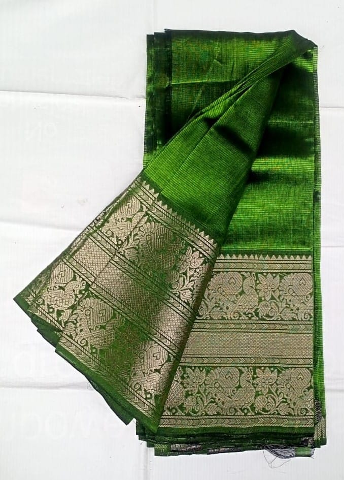 Mangalagiri cotton silk Green Saree With Golden Zari Border