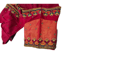 Red and gold embroidered silk blouse with floral motifs