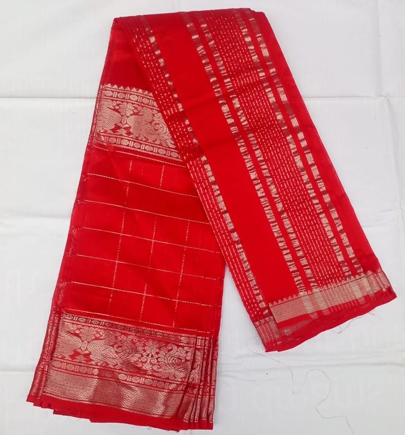 Mangalagiri Cotton Silk Red and gold silk saree with zari border