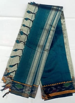  Green and Silver Striped Saree with Golden Border