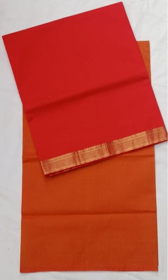 Red and Orange Cotton Dress Material withv Dupatta