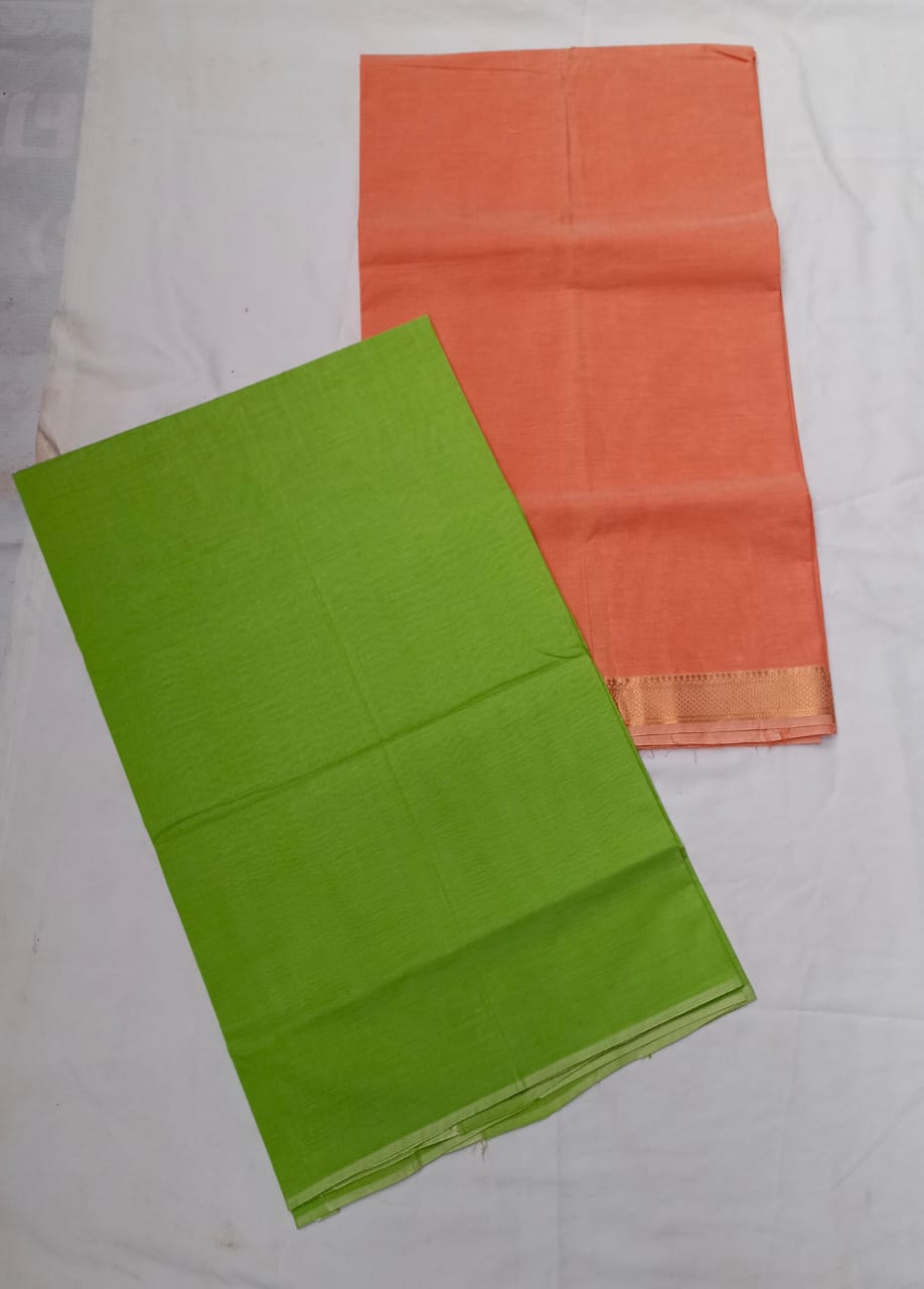 Pure Cotton Dress Material with Zari Border in Peach and Green