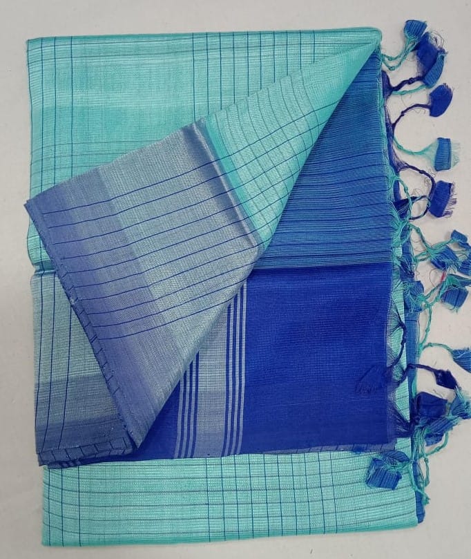  Seafoam Green and Royal Blue Linen Saree With Silver Zari Border