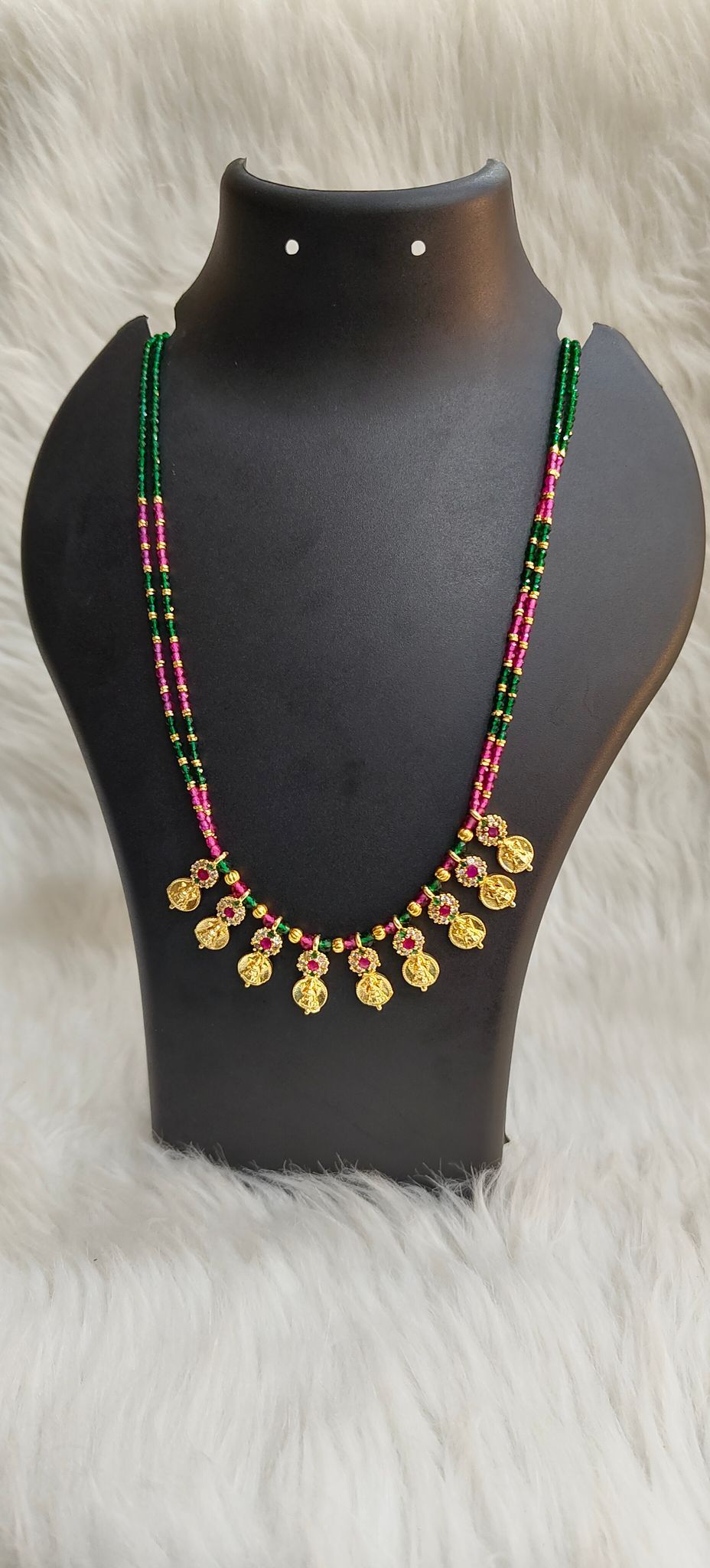 "Delicate Gold-Plated Haram Necklace with Pink and Green Beads and Lakshmi Coins"