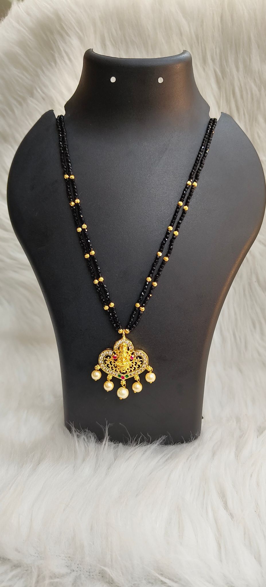 Gold Plated Pendant With Black Beads Mangalsutra