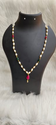 Gold Plated Pearl and Green Stone Necklace Set with Earrings for Women