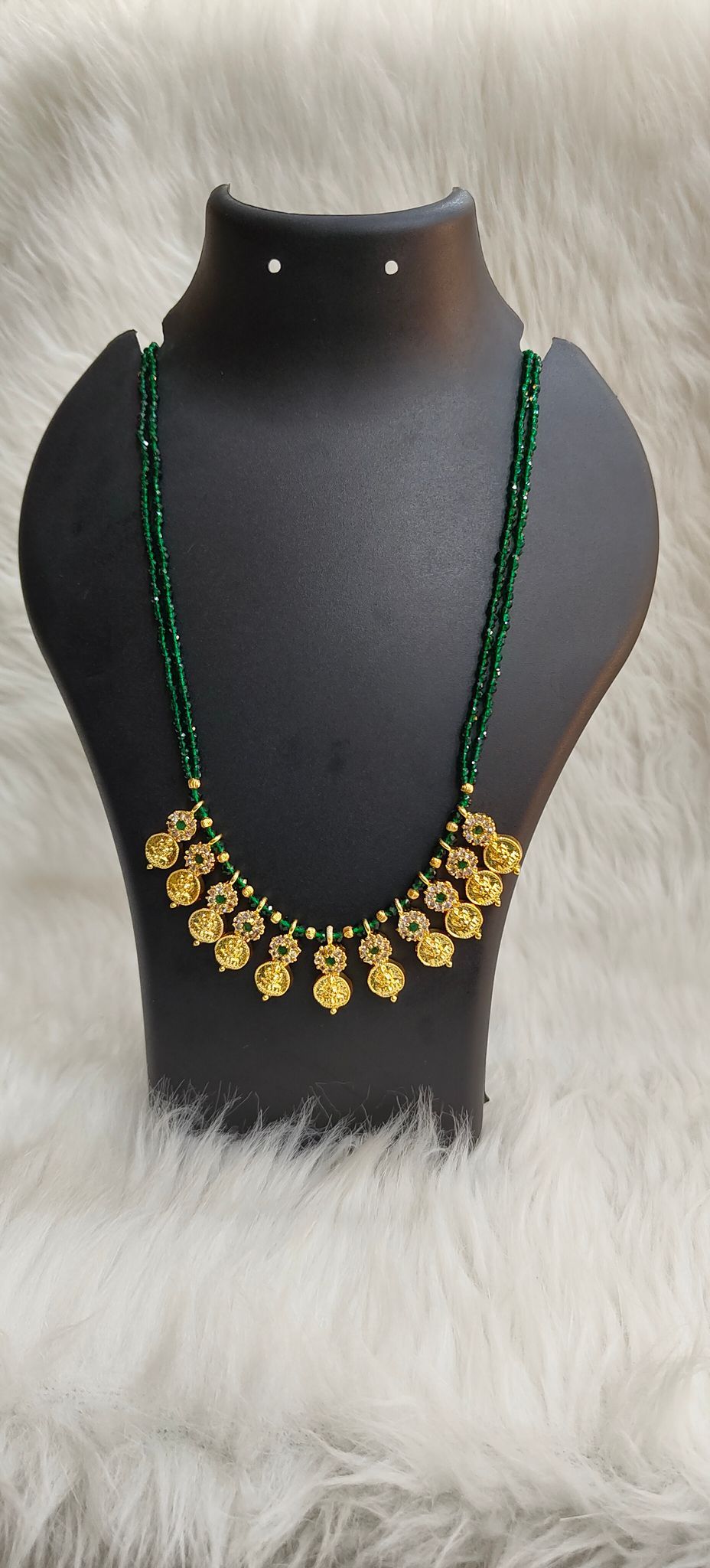 Green Beads Traditional Necklace Set with Lakshmi Coins Pendant