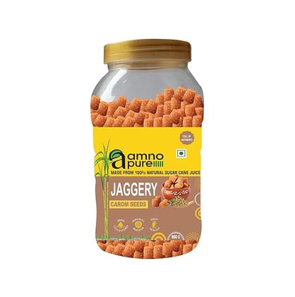 Amno Pure Natural Sugarcane Jaggery With Carom Seeds 10G Cube | Bheli, Bellam, Sarkkara, Gud, Gur, Cholestrol Free, 100% Natural - 900G Pet Jar